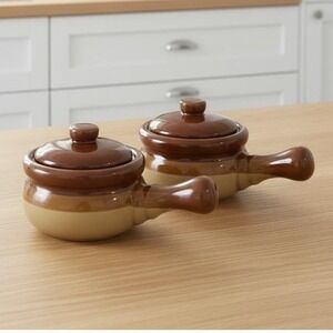 Vintage Ceramic French Onion Soup Crocks with Lids Brown Two Tone Set of 2